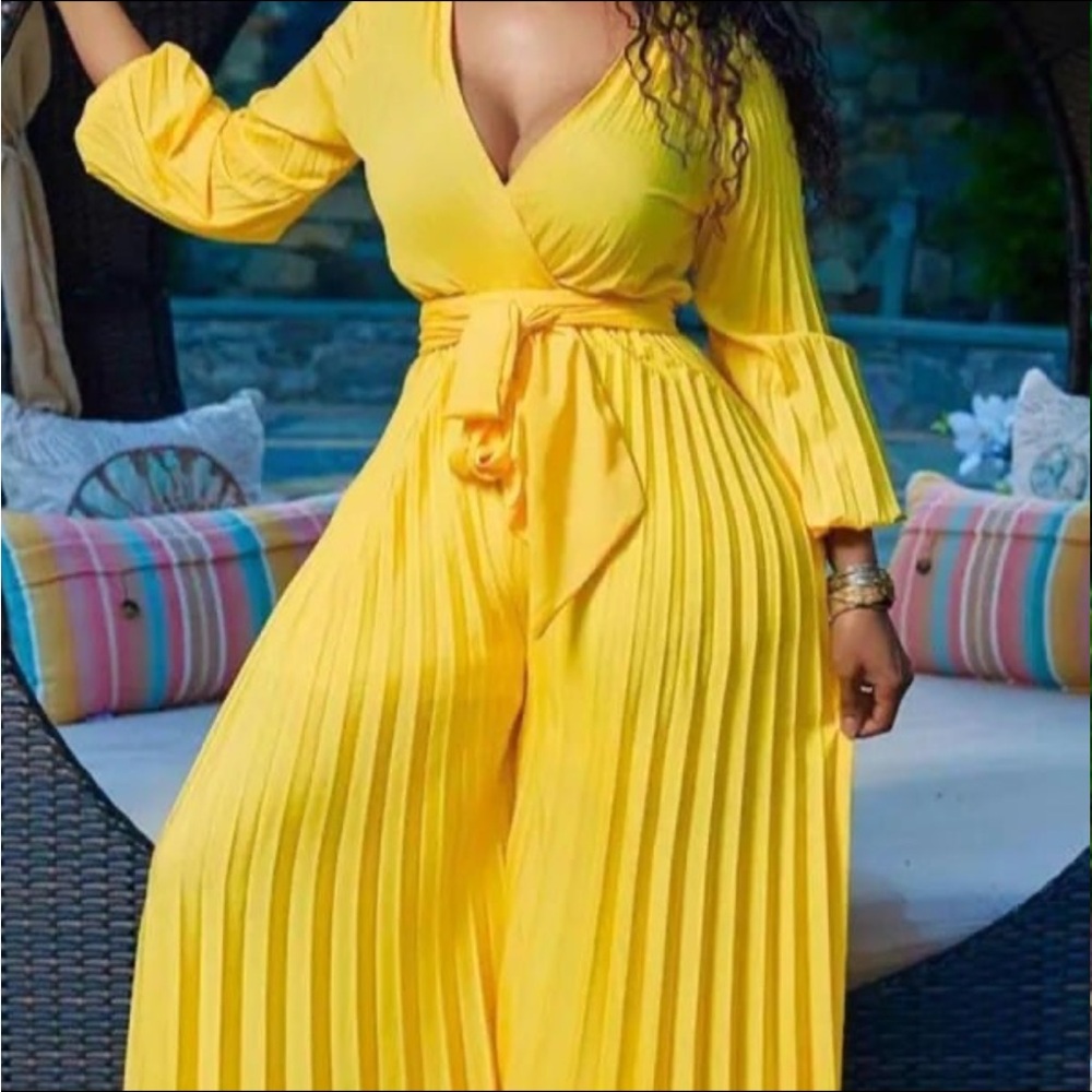 Deep V Neck Lantern Sleeve  Pleated Wide Leg Jumpsuit